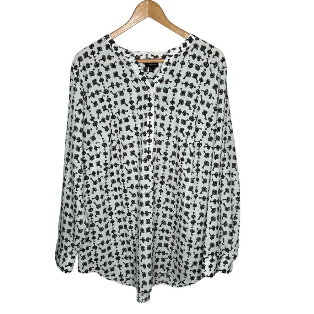 Talbots Womens Petite Size 2X Key Graphic Print Long Sleeve Henley Blouse Shirt
